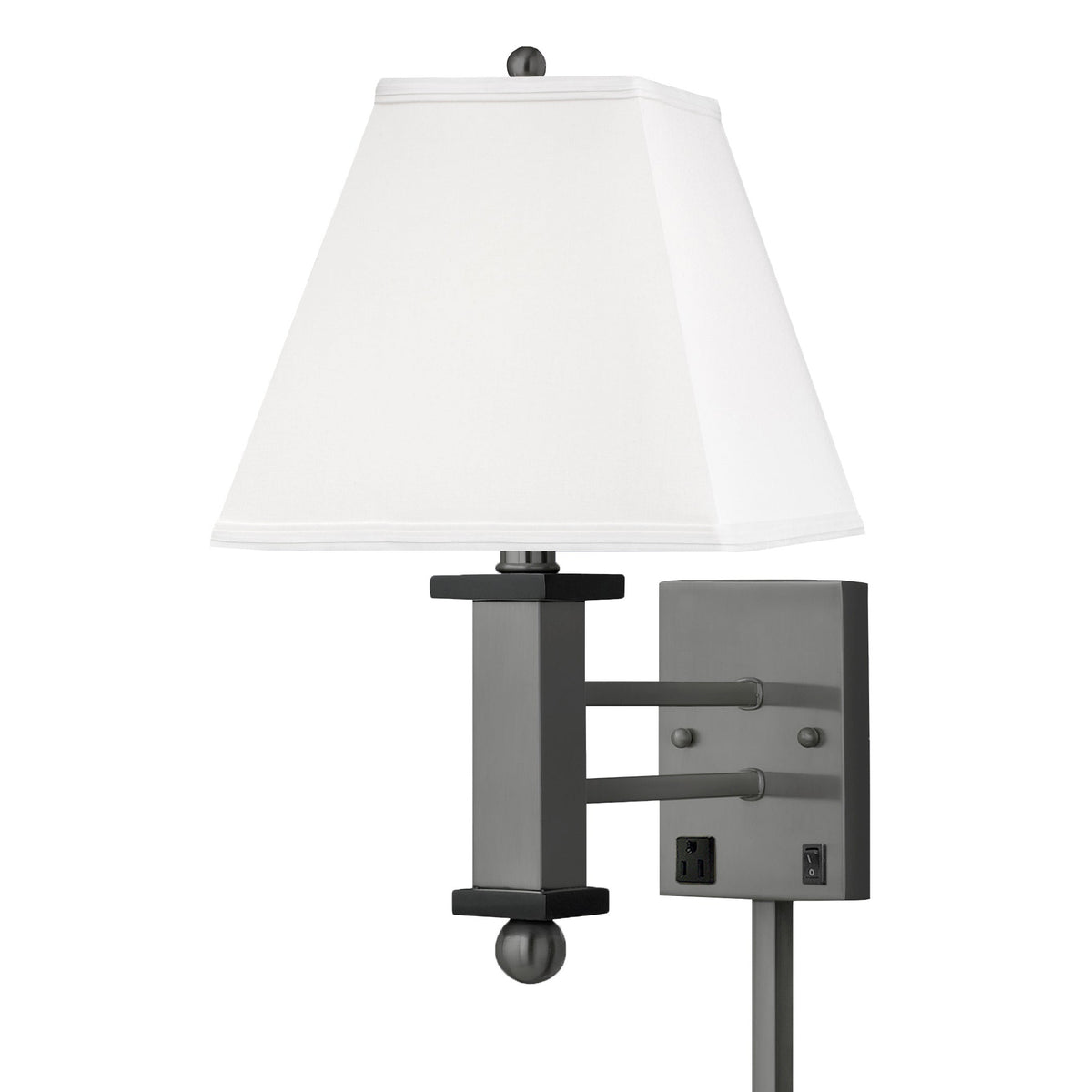 Medallion Lighting Gunmetal Square Post 18" Gunmetal/Black Accents Steel/Wood Single Wall Lamp With 3-Prong Outlets and White Fabric Square Shade