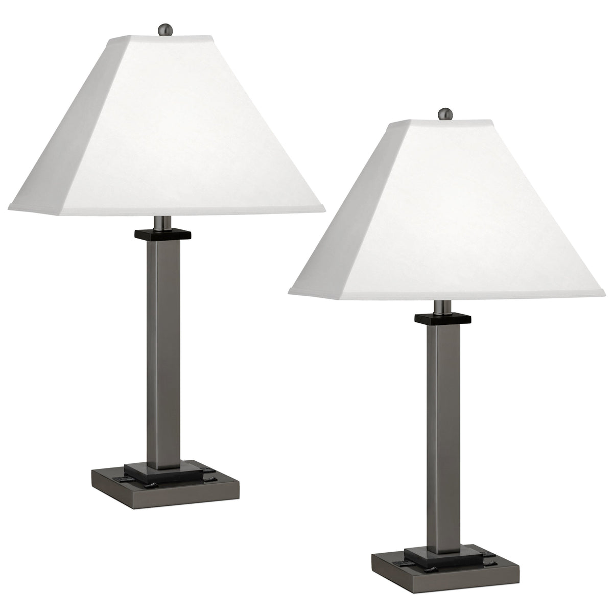 Medallion Lighting Gunmetal Square Post 28" Gunmetal Black Accents Steel and Wood Twin-light Double Nightstand Table Lamp With 3-prong Outlets and White Fabric Square Shade - Set of 2