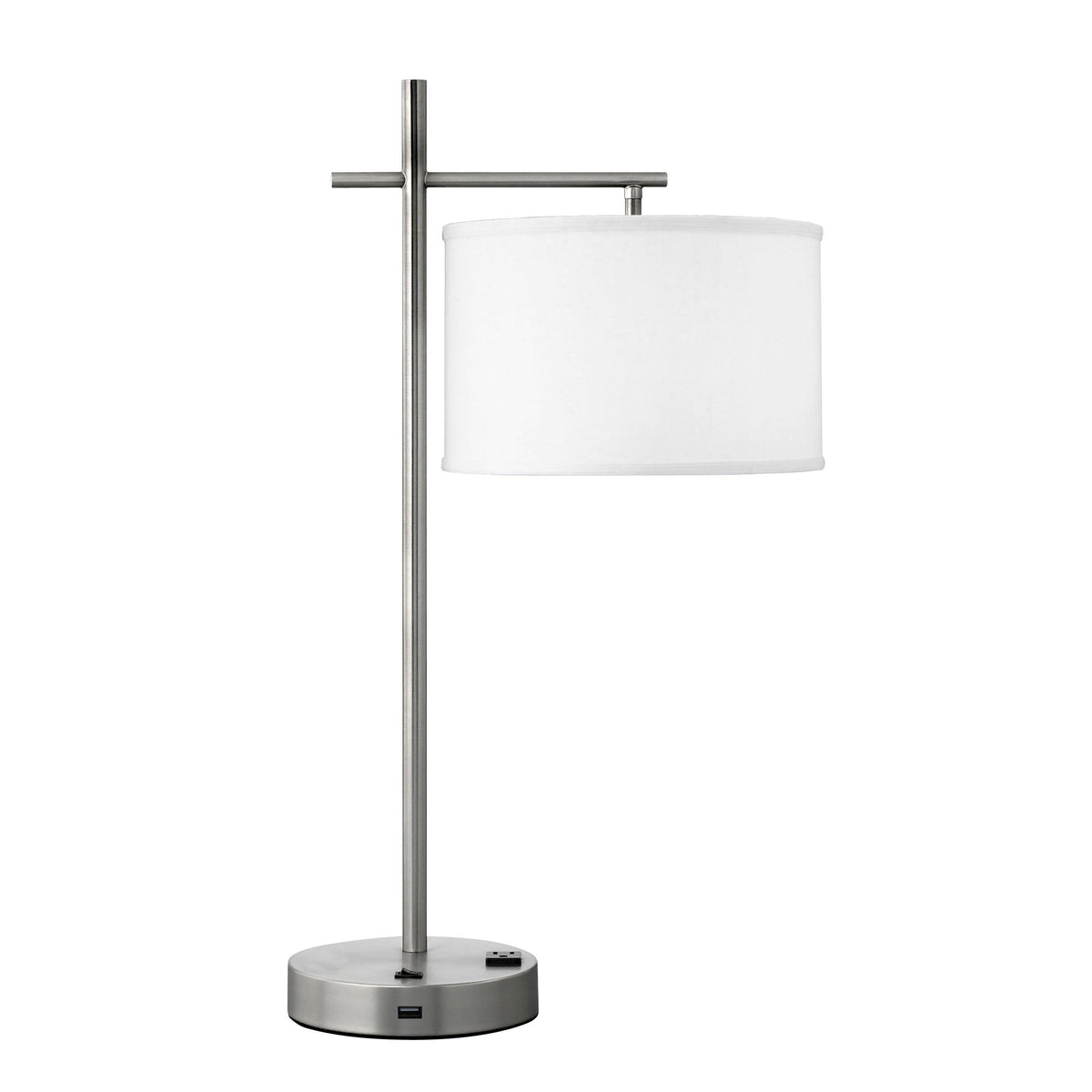 Medallion Lighting Innovate 26" Brushed Steel Single Nightstand Lamp With USB Port, 3-Prong Outlets and White Fabric Drum Shade