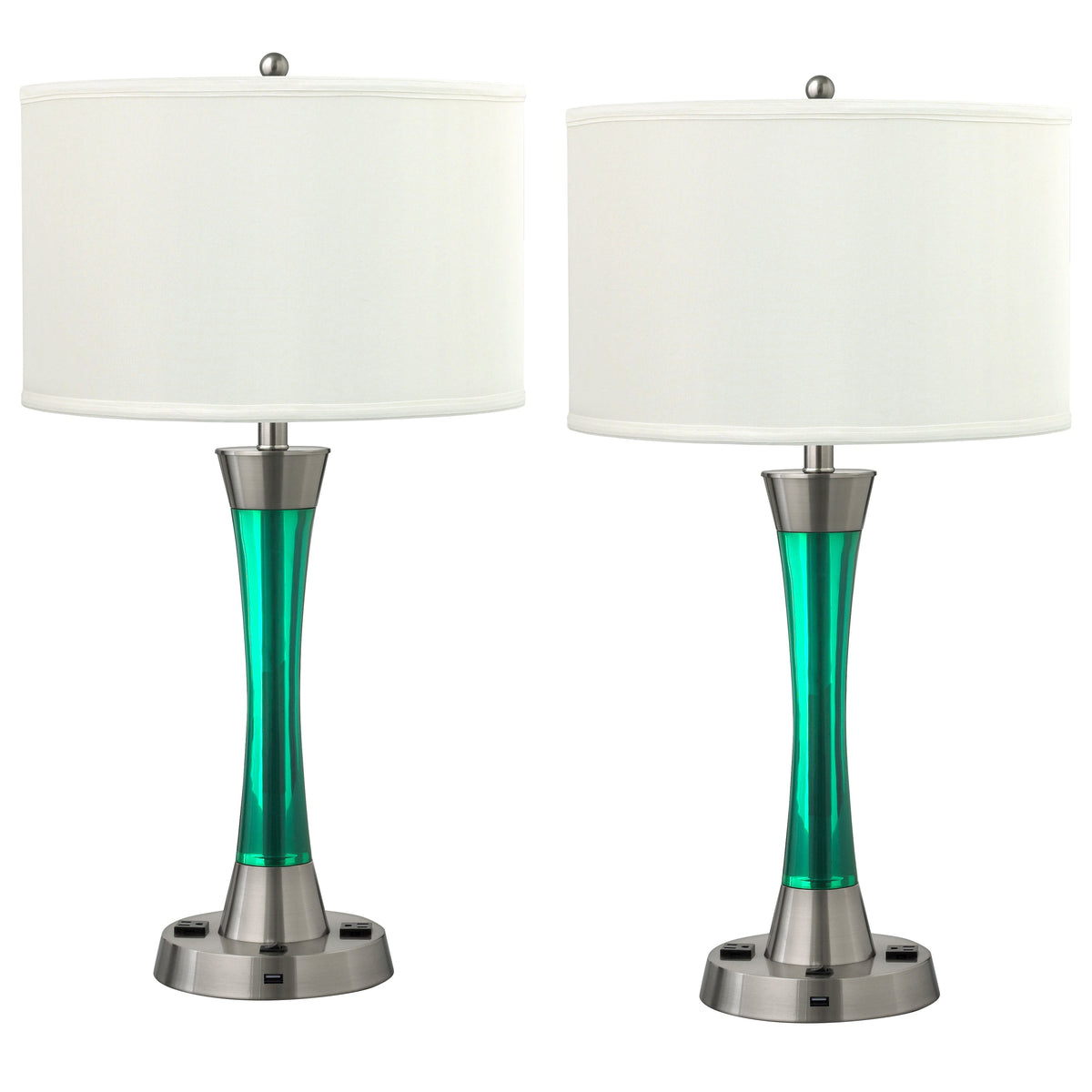 Medallion Lighting Innovate 29" Brushed Steel/Blue Resin Desk Lamp With USB Port, 3-Prong Outlets and White Fabric Drum Shades - Set of 2