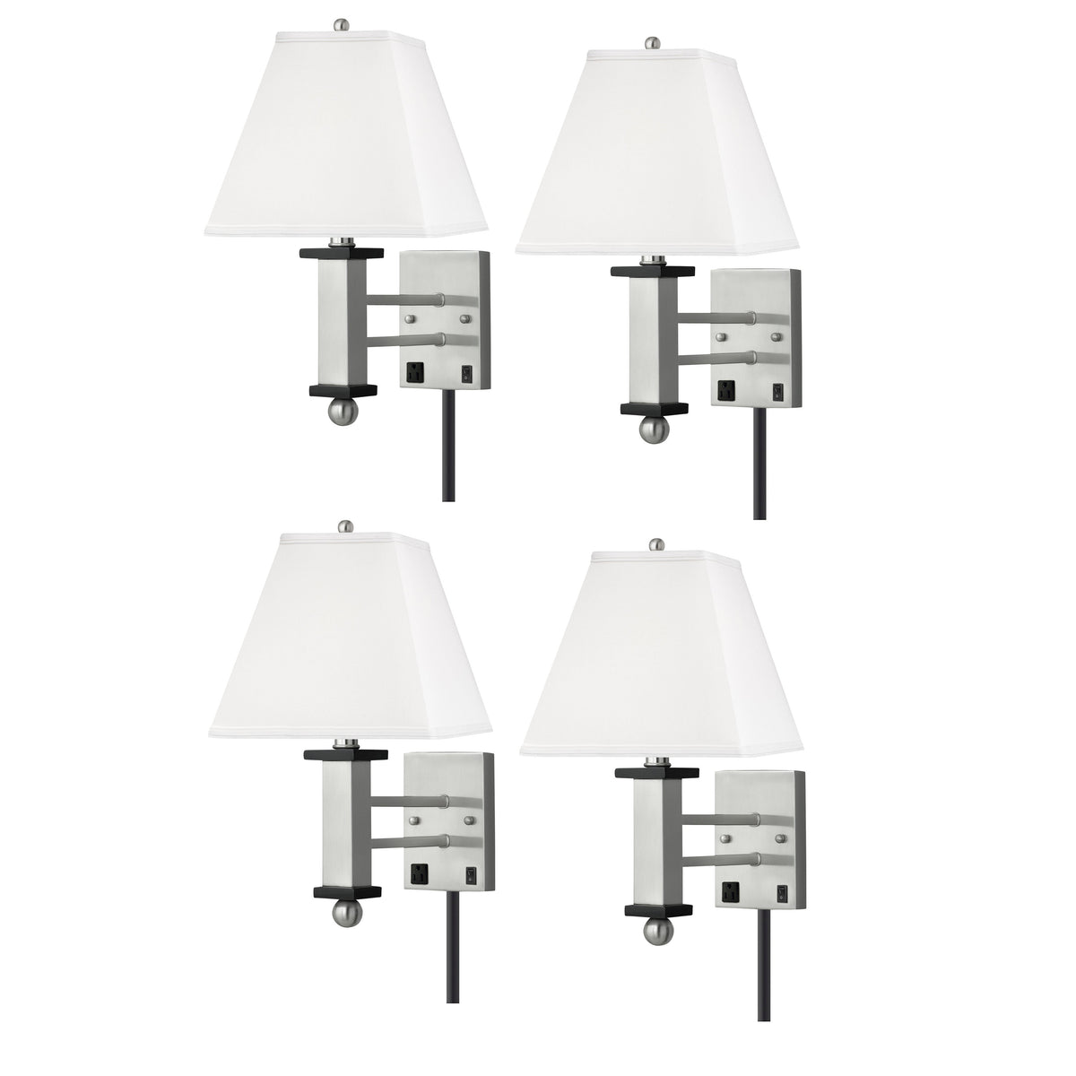 Medallion Lighting Moxie 18" Brushed Steel/Black Ebony Single Wall Lamp With 3-Prong Outlets and White Fabric Square Shade - Set of 4