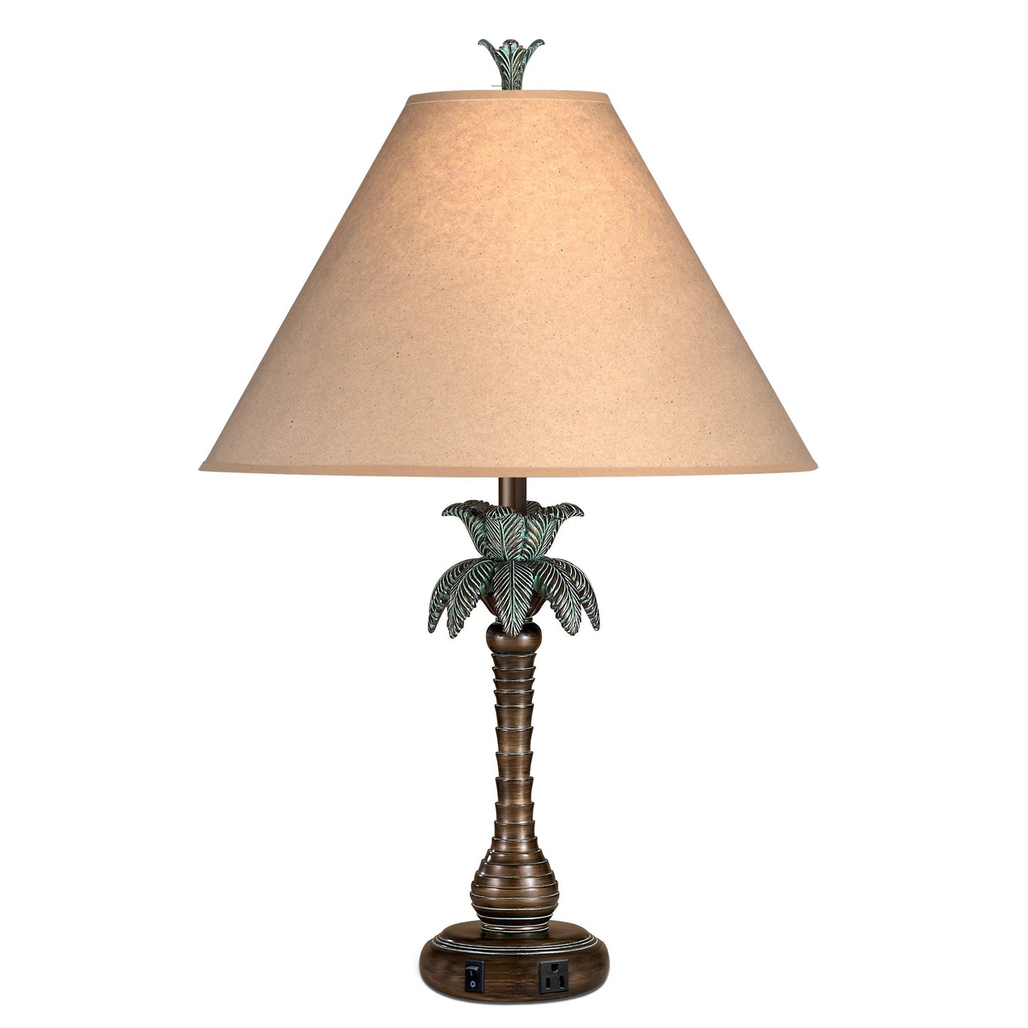 Medallion Lighting Palm Tree 31" Antique Bronze w/ Verdi Wash Resin Single Nightstand Lamp With 3-Prong Outlet and Beige Fabric Drum Shade