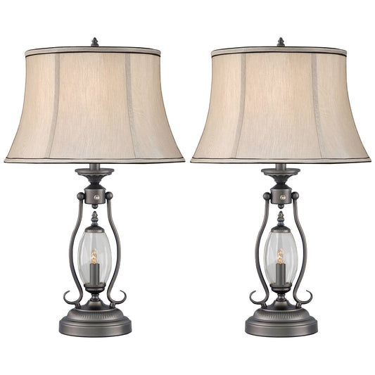 Medallion Lighting Revere 27" Gun Metal and Clear Glass Steel Table Lamp With Nightlight and Grey Silk Drum Shade - Set of 2