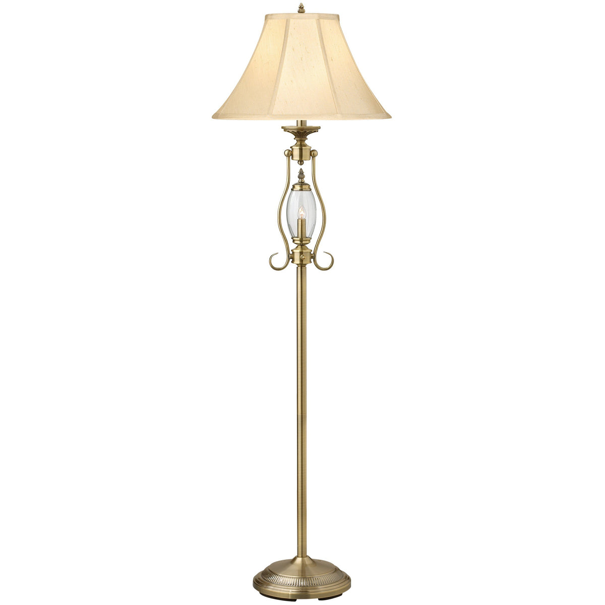 Medallion Lighting Revere 59" Satin Antique Brass and Clear Glass Steel Floor Lamp With Nightlight and Shantung Stretched Silk Bell Shade