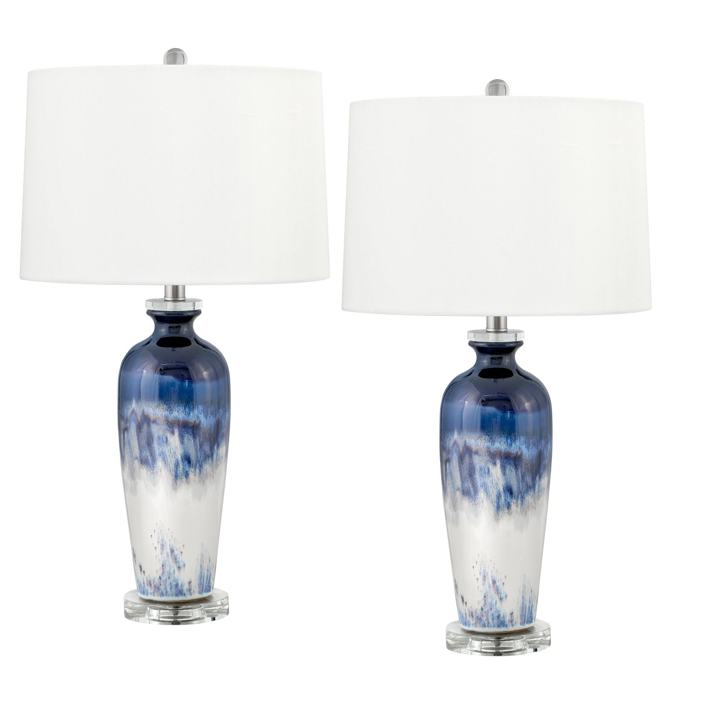 Medallion Lighting Sabbia 28" Blue and White Ceramic Acrylic Table Lamp With White Fabric Drum Shade - Set of 2
