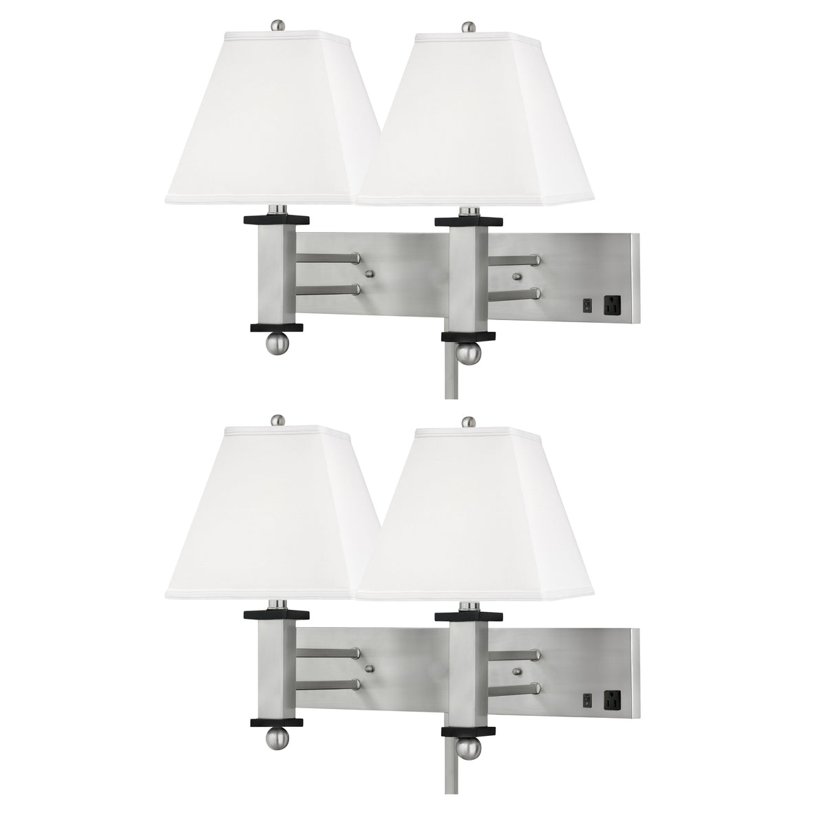Medallion Lighting Square Post 18" Brushed Steel/Black Steel/Wood 2-Light Double Wall Lamp With 3-Prong Outlets and White Fabric Square Shade - Set of 2