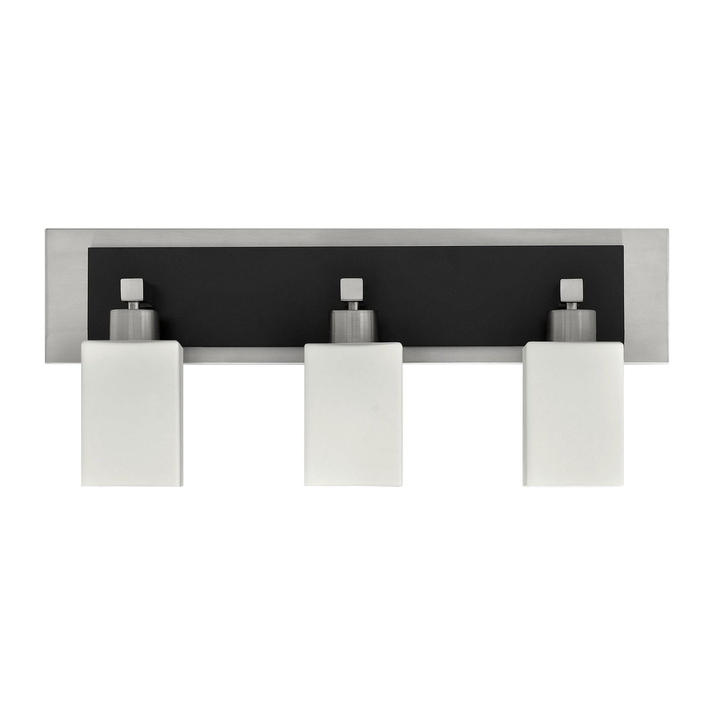 Medallion Lighting Square Post 28" Brushed Steel Wood 3-Light Vanity Fixture With White Glass Square Shades