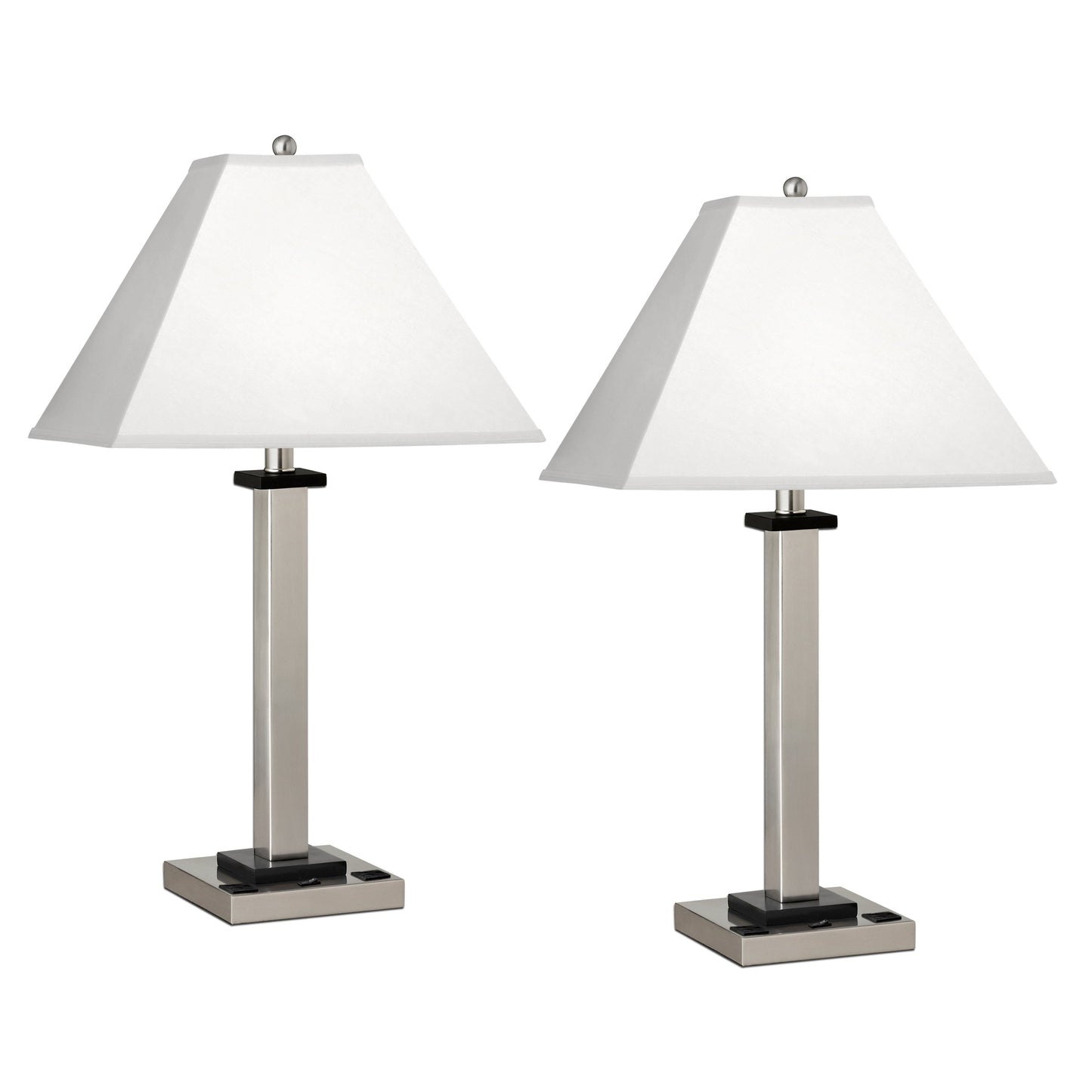 Medallion Lighting Square Post 29" Brushed Steel Single Nightstand Steel and Wood Table Lamp With 3-prong Outlets and White Fabric Square Shade - Set of 2