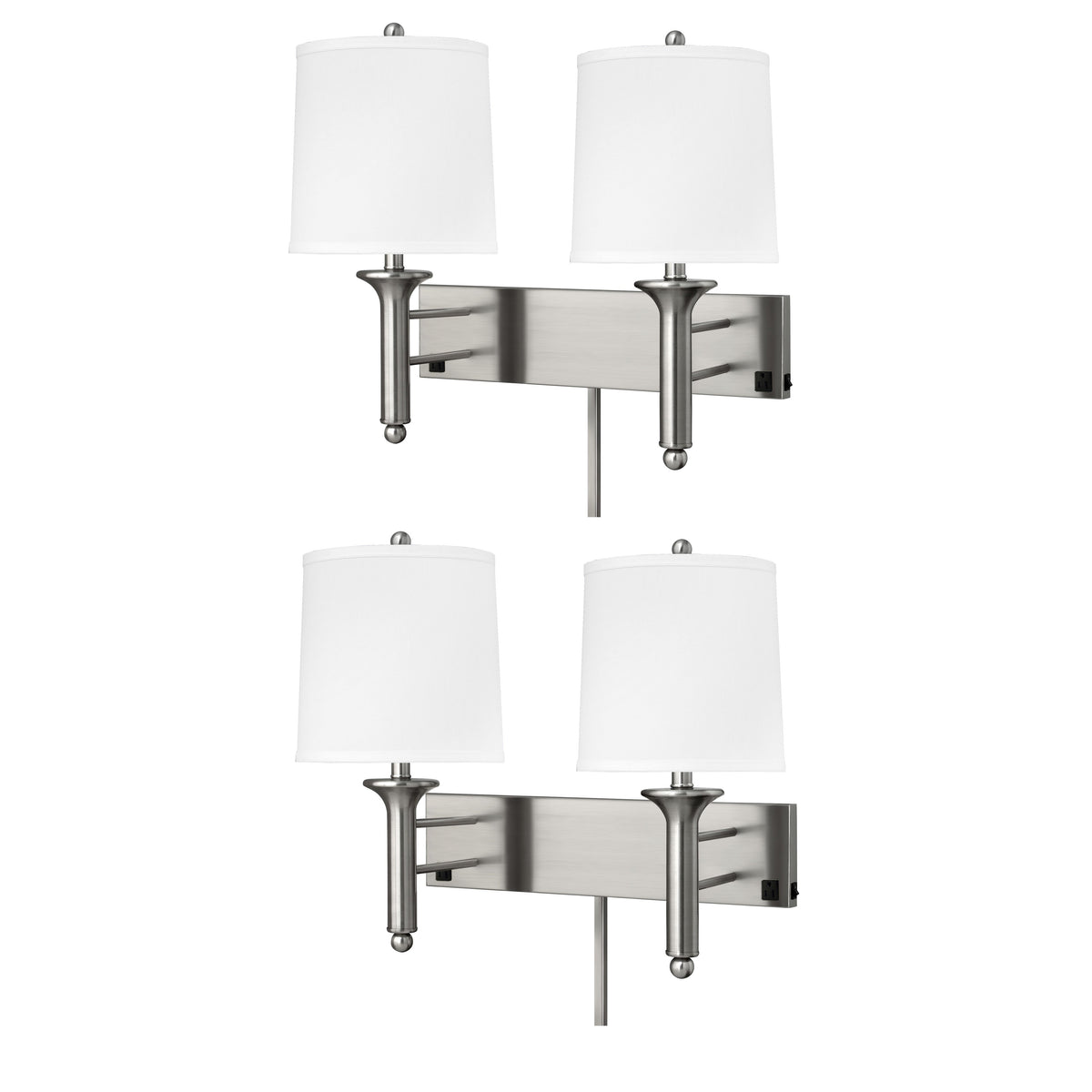 Medallion Lighting Teardrop 21" Brushed Steel 2-Light Double Wall Lamp With 3-Prong Outlets and White Fabric Drum Shade - Set of 2