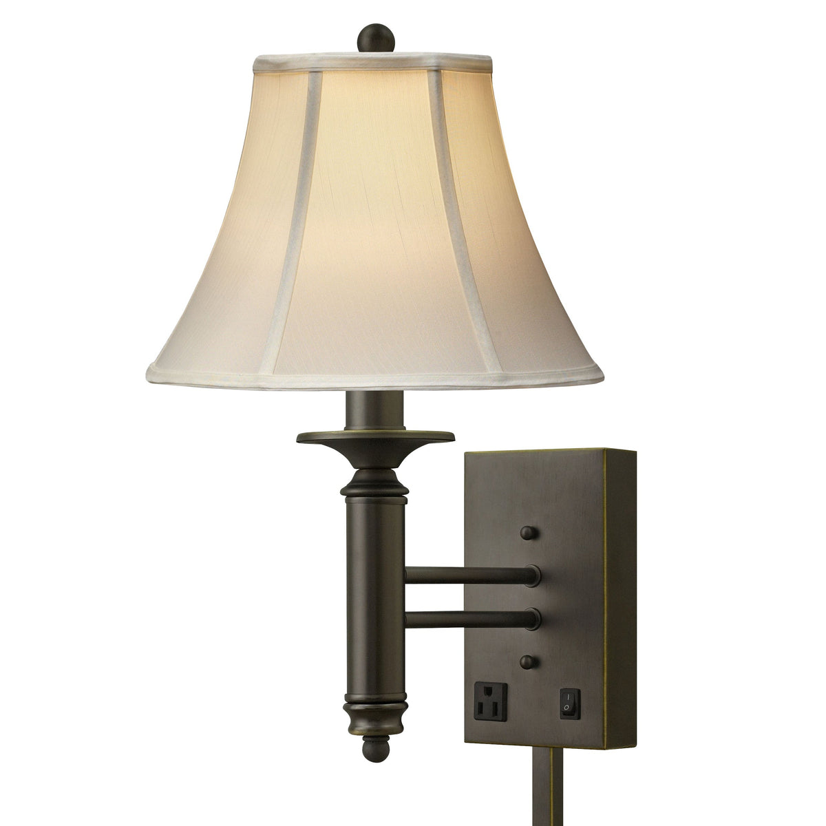 Medallion Lighting Traditional 20" Madison Bronze Steel Single Wall Lamp With 3-Prong Outlet and Eggshell Stretched Silk Bell Shade