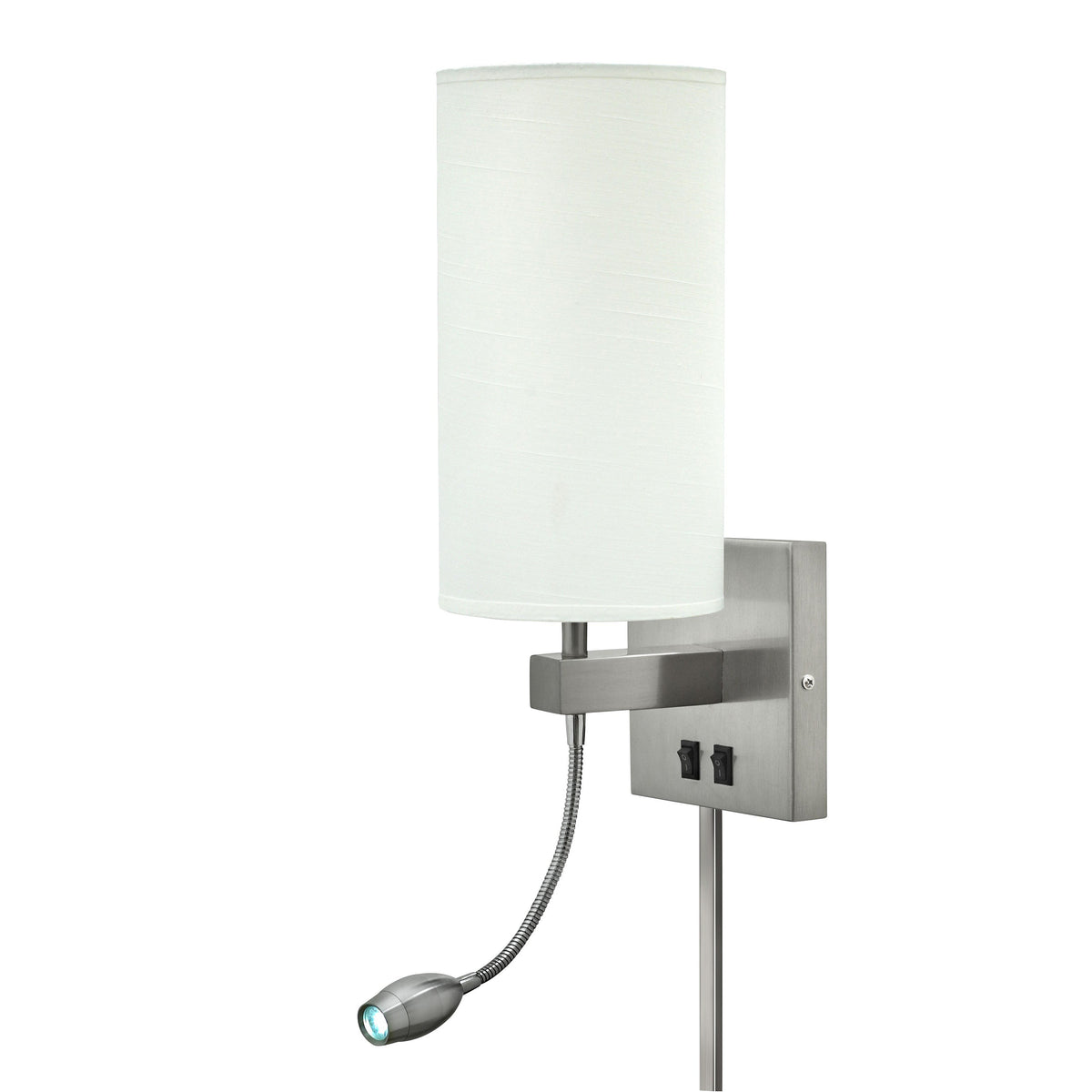 Medallion Lighting Truly Yours 16" Brushed Steel 1-Light Plug-in Armed Wall Sconce With Nightlight and White Fabric Drum Shade