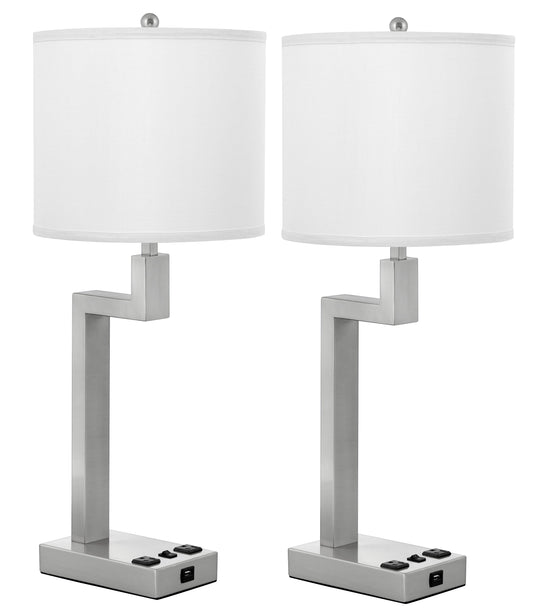 Medallion Lighting Truly Yours 26" Brushed Steel Single Nightstand Table Lamp With USB Port, 3-prong Outlets and White Fabric Drum Shade - Set of 2