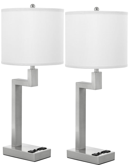 Medallion Lighting Truly Yours 26" Brushed Steel Twin-light Double Nightstand Lamp With 3-Prong Outlets and White Fabric Drum Shade - Set of 2