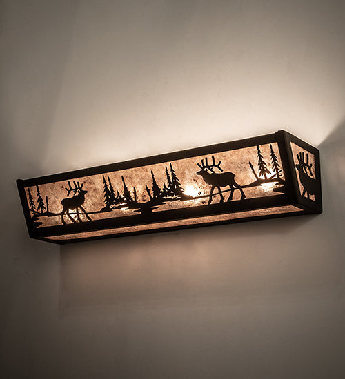 Meyda Lighting 24" 4-Light Oil Rubbed Bronze Elk at Lake Vanity Light With Silver Mica Shade Glass