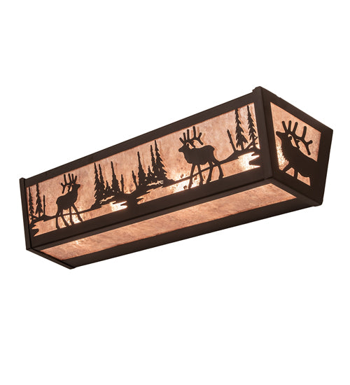 Meyda Lighting 24" 4-Light Oil Rubbed Bronze Elk at Lake Vanity Light With Silver Mica Shade Glass