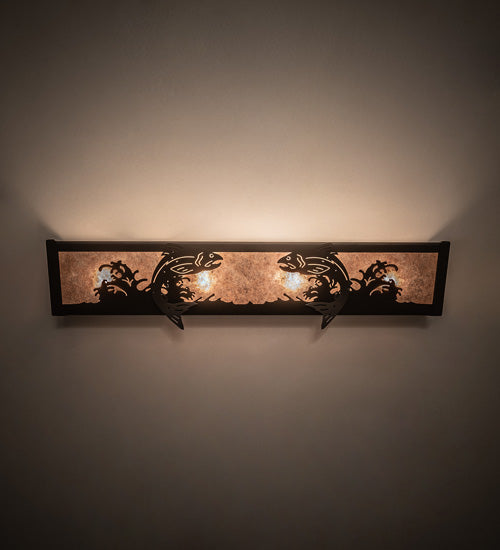 Meyda Lighting 24" 4-Light Oil Rubbed Bronze Leaping Trout Vanity Light With Silver Mica Shade Glass