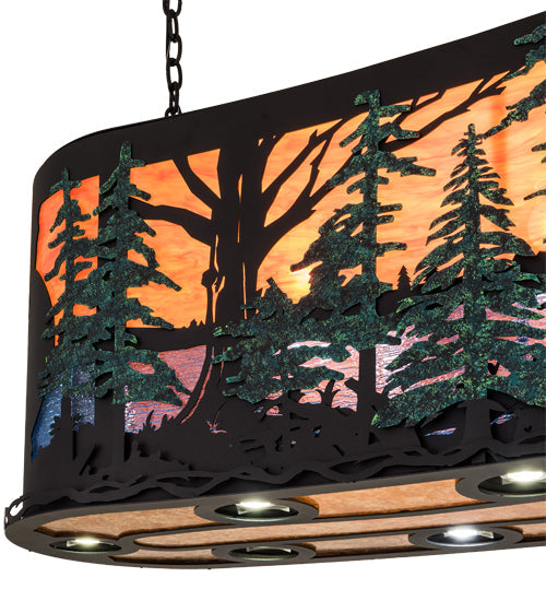 Meyda Lighting 54" 14-Light Textured Black & Green Trees Twisted Moose Island Curved Pendant Light With Multi-Colored Shade Glass