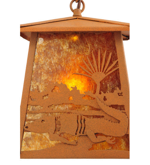 Meyda Lighting Alligator 7"Sq Rust Lantern Pendant Light With Amber Mica Shade Glass