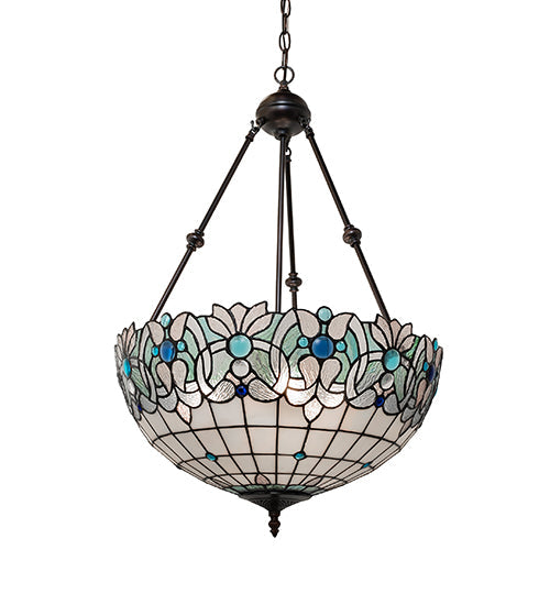 Meyda Lighting Angelica 20" 3-Light Mahogany Bronze Inverted Pendant Light With Blue Iridescent & Clear Stained Shade Glass