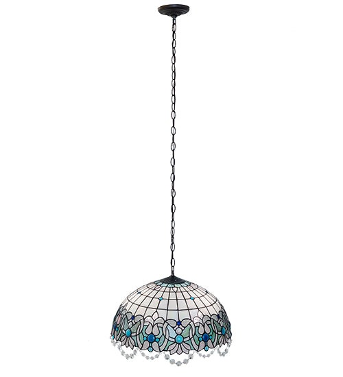 Meyda Lighting Angelica 20" 3-Light Mahogany Bronze Pendant Light With Blue Iridescent & Clear Stained Shade Glass