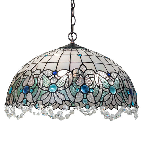 Meyda Lighting Angelica 20" 3-Light Mahogany Bronze Pendant Light With Blue Iridescent & Clear Stained Shade Glass
