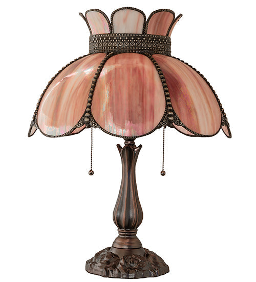 Meyda Lighting Annabelle 22" 2-Light Mahogany Bronze Table Lamp With Pink Iridescent Shade Glass
