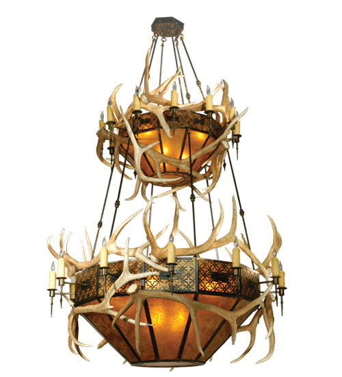 Meyda Lighting Antlers 66" 22-Light 2-Tier Dark Burnished Antique Copper Elk Chandelier With Amber Mica Shade Glass