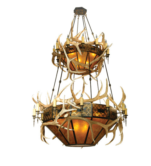 Meyda Lighting Antlers 68" 40-Light 2-Tier Dark Burnished Antique Copper Elk Chandelier With Amber Mica Shade Glass
