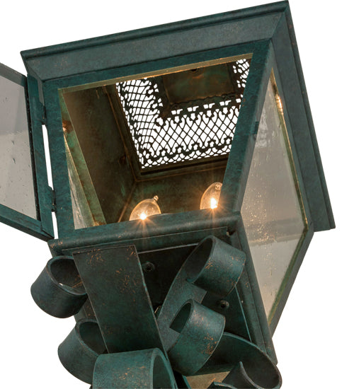 Meyda Lighting Arnette 9" 2-Light Golden Verdigris Lantern Wall Sconce With Clear Seeded Shade Glass