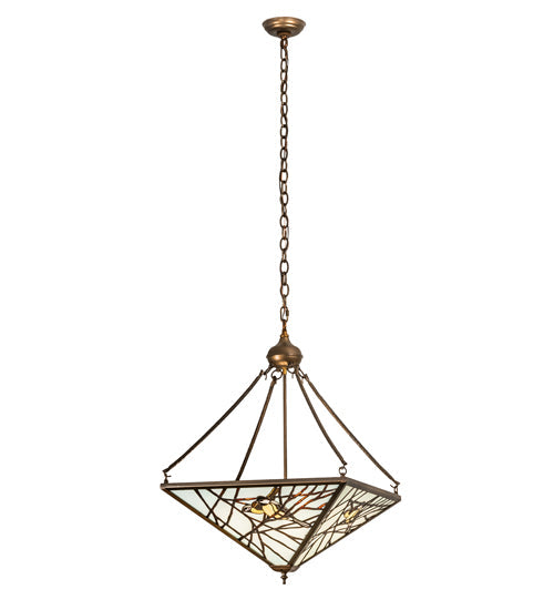 Meyda Lighting Backyard Friends 29" 4-Light Antique Copper Inverted Pendant Light With Multi-Colored Stained Shade Glass