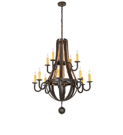 Meyda Lighting Barrel Stave 253553 44" 12-Light 2-Tier Wrought Iron Madera Chandelier With Ivory Faux Candlelight