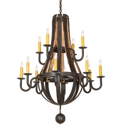 Meyda Lighting Barrel Stave 253553 44" 12-Light 2-Tier Wrought Iron Madera Chandelier With Ivory Faux Candlelight