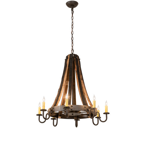 Meyda Lighting Barrel Stave 27" 8-Light Natural Wood & Oil Rubbed Bronze Madera Chandelier With Ivory Faux Candlelight