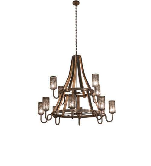 Meyda Lighting Barrel Stave 60" 12-Light 2-Tier Tyler Bronze & Natural Wood Winter Maple Chandelier
