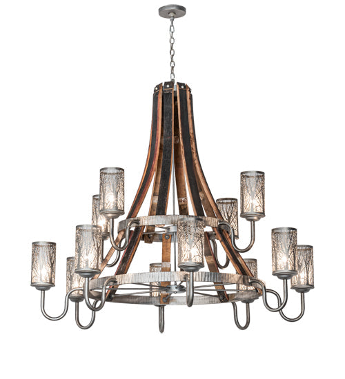 Meyda Lighting Barrel Stave 61" 12-Light 2-Tier Industrial Steel & Charred Wood Winter Maple Chandelier