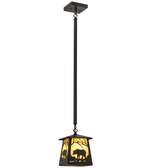 Meyda Lighting Bear at Dawn 10" Timeless Bronze Mini Pendant Light With Beige Art Shade Glass