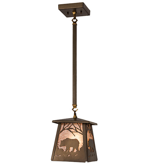 Meyda Lighting Bear at Dawn 182073 10" Antique Copper Mini Pendant Light With Silver Mica Shade Glass