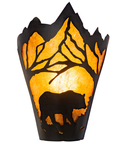 Meyda Lighting Bear at Dawn 251248 8" Textured Black Right Wall Sconce With Amber Mica Shade Glass