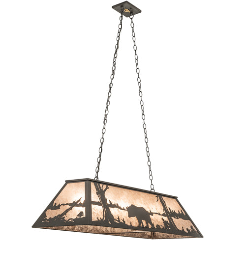 Meyda Lighting Bear at Lake 48" 6-Light Old Wrought Iron Island Pendant Light With Silver Mica Shade Glass