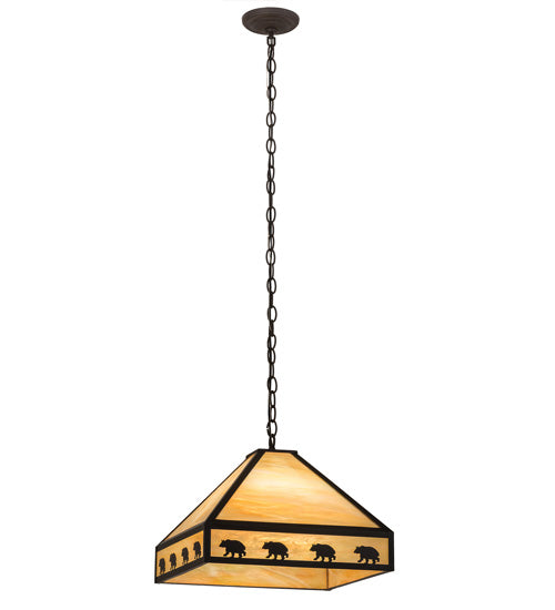 Meyda Lighting Bear on the Loose 23" 3-Light Craftsman Brown Pendant Light With Beige Iridescent Art Shade Glass