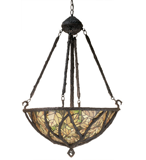 Meyda Lighting Branches 24" 3-Light Inverted Pendant Light With Brown & Green Shade Glass
