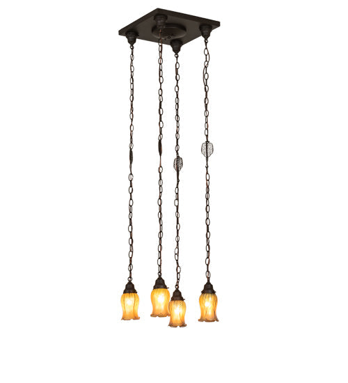 Meyda Lighting Bungalow 15"Sq 4-Light Craftsman Brown Cascading Pendant Light With Gold Iridescent Shade Glass
