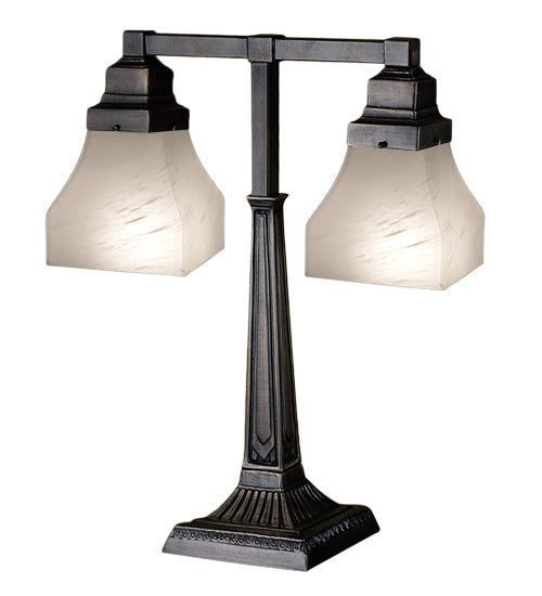 Meyda Lighting Bungalow 20" 2-Arm Mahogany Bronze Desk Table Lamp With White Alabaster Swirl Shade Glass