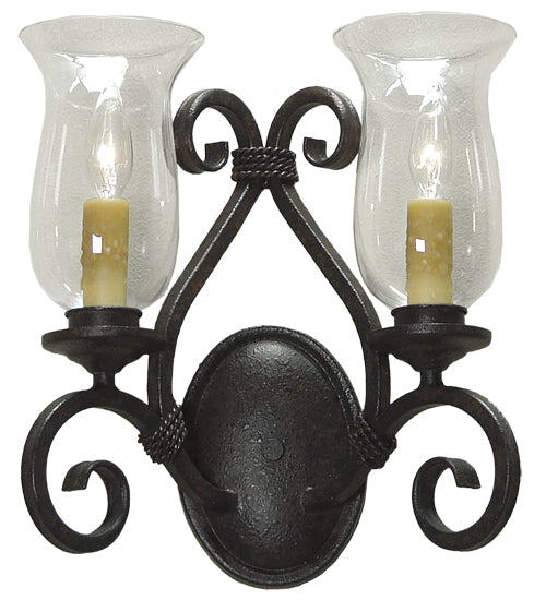 Meyda Lighting Calvis 14" 2-Light Copper Rust Wall Sconce With Clear Hurricane Shade Glass