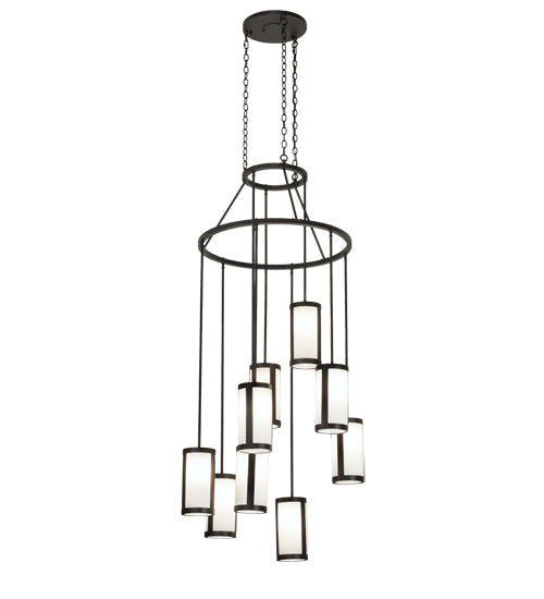 Meyda Lighting Cartier 35" 9-Light Wrought Iron Cascading Chandelier With White & Clear Shade