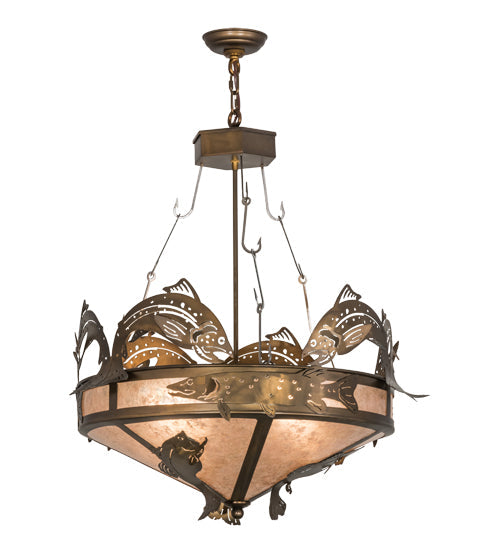Meyda Lighting Catch of the Day 18" 2-Light Antique Copper Inverted Pendant Light With Silver Mica Shade Glass