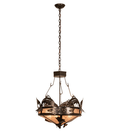 Meyda Lighting Catch of the Day 24" 4-Light Timeless Bronze Inverted Pendant Light With Silver Mica Shade Glass