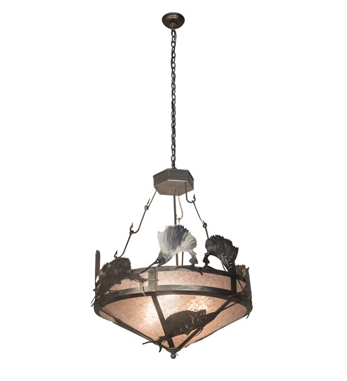 Meyda Lighting Catch of the Day 33" 4-Light Industrial Steel Sailfish Inverted Pendant Light With Silver Mica Shade Glass