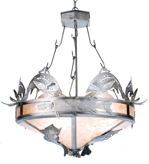 Meyda Lighting Catch of the Day 60" 12-Light Steel Trout Inverted Pendant Light With Silver Mica Shade Glass