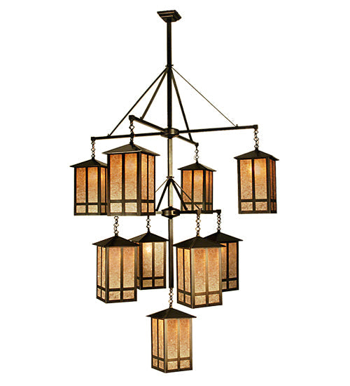 Meyda Lighting Church Street 44" 9-Light Craftsman Brown Hanging Lantern Chandelier With Silver Mica Shade Glass